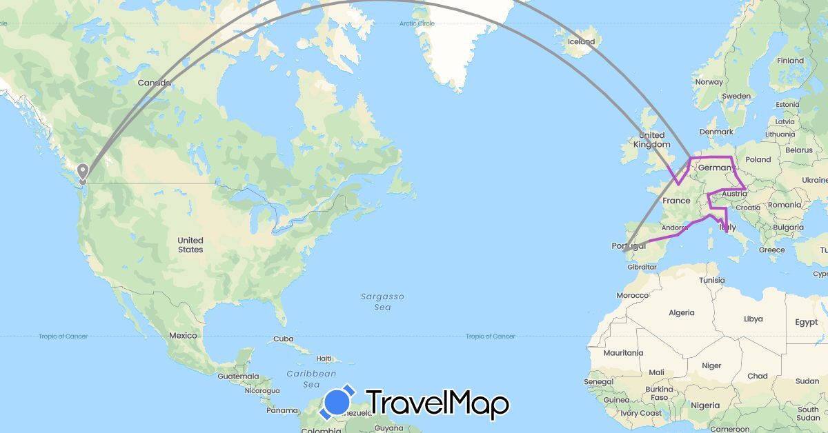 TravelMap itinerary: plane, train in Austria, Belgium, Canada, Switzerland, Czech Republic, Germany, Spain, France, United Kingdom, Italy, Liechtenstein, Luxembourg, Monaco, Netherlands, Portugal (Europe, North America)